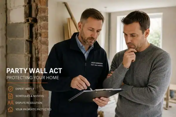 Party wall surveyor Wickford discussing extension plans with homeowner outside a UK semi-detached house.